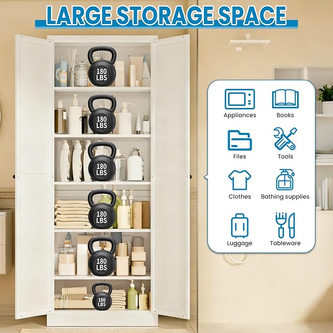72" H White Metal Kicthen Pantry Storage Cabinet 6-Tier Cupboard | Storage Cabinet with 5 Adjustable Shelves for Kitchen, Living Room, Heavy Duty Utility Cabinet, Assembly Require