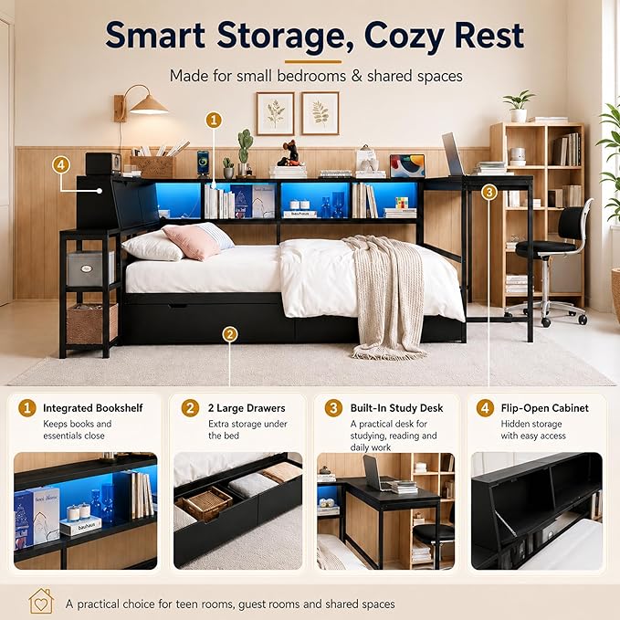 Bellemave Full Size Corner Bed Frame with Storage Bookcase & 2 Drawers, Modern Metal Full Daybed with LED Lights & Charging Station, Reversible Full Corner Bed with Desk for Space-Saving, Black