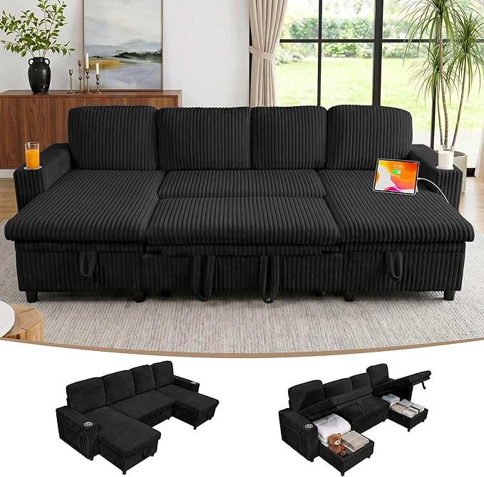 Modular Sectional Sleeper Sofa with Pull Out Bed, Plush Corduroy U Shaped Couch with Storage Chaise, USB Ports, Cup Holders, Comfy Sectional Couches for Living Room, Black