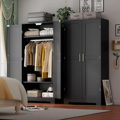 Wooden Armoire Wardrobe Closet, Wardrobe Cabinet with Door and Shelves, Freestanding Bedroom Armoires Clothing Storage Cabinet with Hanging Rod for Bedroom, Laundry Room, Cloak Room（Black）