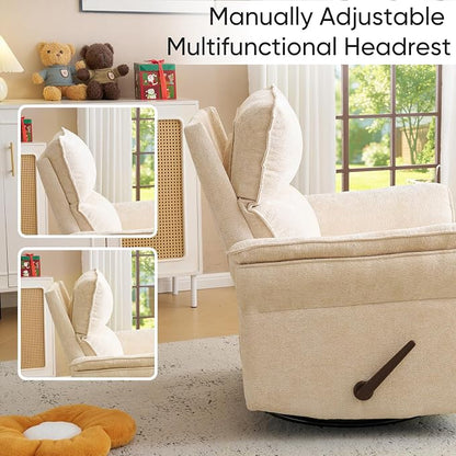 Rocking Chair Nursery with Adjustable Headrest,Manual Swivel Rocker Recliner Nursery Chair with Overstuffed Armrest,Glider Rocker Recliner for Living Room & Bedroom,Beige