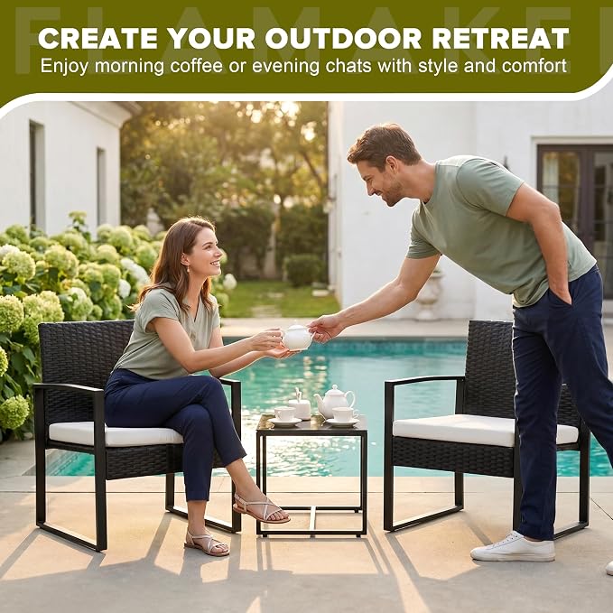 Flamaker 3 Pieces Patio Furniture Outdoor Wicker Modern Rattan Chair Conversation Sets with Coffee Table for Yard, Bistro(White)