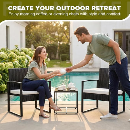 Flamaker 3 Pieces Patio Furniture Outdoor Wicker Modern Rattan Chair Conversation Sets with Coffee Table for Yard, Bistro(White)