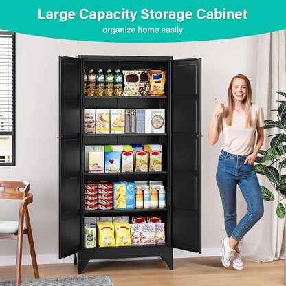 SISESOL Pantry Storages Cabinet with 2 Doors and 5 Shelves,Tall Storage Cabinet,Large Cupboard Closet,Metal Storage Cabinet for Home,Bathroom,Dining/Living Room (Black, 71" H)