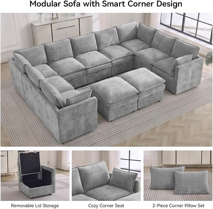 130" Light Grey Oversized Modular Storage Sofa, U Shaped Chenille Couch | Oversized Convertible Sectional Sofa, 9-Seat Sectional Couch With 2 Ottomans, Large Cloud Couch For Living Room, Apartment.