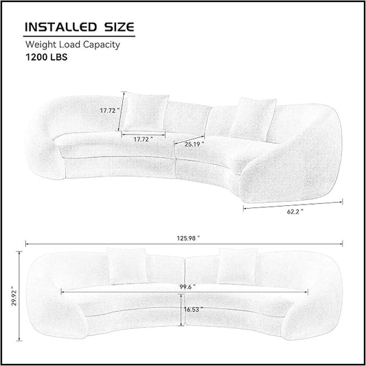 KEIKI 126" Curved Oversized Boucle Sectional Sofa with Love Heart Design, Modern 5-Seater Polyester Couch with 2 Decorative Pillows and Rolled Arms, Easy Assembly, for Apartment, Living Room, White