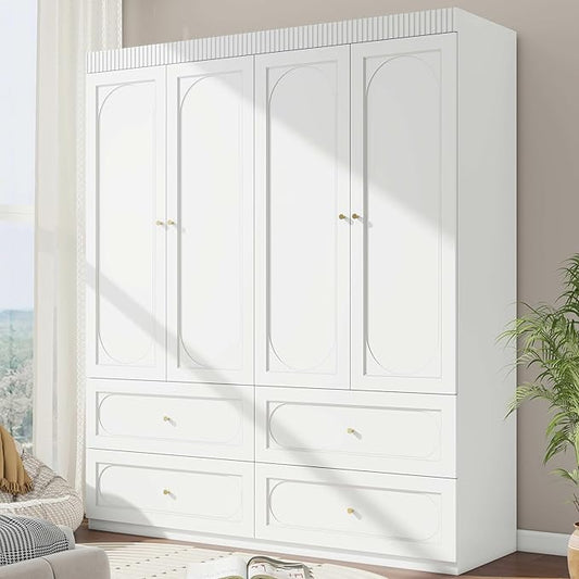 White Wardrobe Closet with Drawers: 74" Large Armoire with 4 Doors and 4 Drawers, Tall Wooden Wardrobe Closet for Hanging Clothes, Modern Bedroom Armoires Closets Cabinet (White)