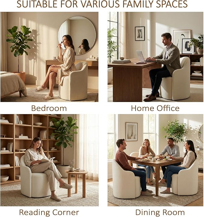 KISLOT Upholstered Dining Chairs with Casters, No Assembly Modern Dining Room Chairs Accent Vanity Chair with 5 Wheels & Round Backrest for Bedroom, Living Room, Dressing, Linen Fabric, Set of 4