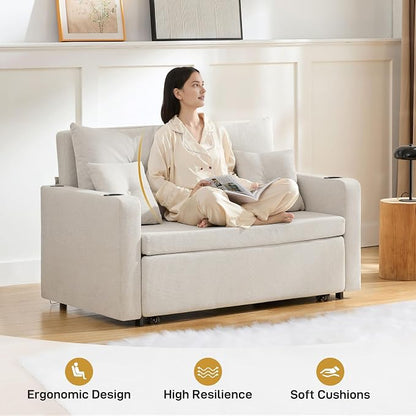 Busaurus 3 in 1 Convertible Sofa Bed, 56" Loveseat Sleeper Sofa Couch with Pullout Bed, Comfy Pull Out Sofa Bed with USB, Full Size Sleeper Sofa Bed for Living Room, Bedroom, Small Space, Beige