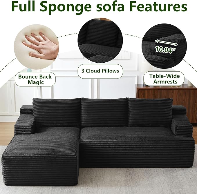 96" Modular Sectional Sofa, Modern Corduroy Cloud Couch with Side Pockets, Boneless Couch Upholstered 3-Seater L-Shaped Sofa for Living Room, No Assembly Required (Black, Left-Facing Chaise)
