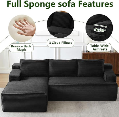 96" Modular Sectional Sofa, Modern Corduroy Cloud Couch with Side Pockets, Boneless Couch Upholstered 3-Seater L-Shaped Sofa for Living Room, No Assembly Required (Black, Left-Facing Chaise)