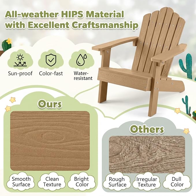 Giantex Kids Adirondack Chair, All-Weather HIPS Children's Outdoor Chair with Tilted High Backrest, Toddler Beach Chair for Garden Patio Backyard, Kids Lawn Chairs for Age 3-7 (2,Teak)