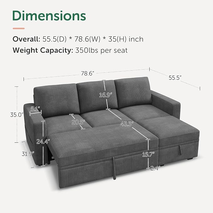 HONBAY Modular Sectional Sleeper Sofa with Pull Out Bed, L Shaped Sofa with Storage, Modular Sectional Couches for Living Room, Dark Grey