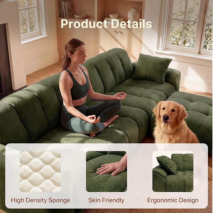 Claiks 118" Modern Boneless Couch, Corduroy Modular Cloud Sofa for Living Room, Deep Seat Sectional with Movable Ottoman, No Assembly Required, Green