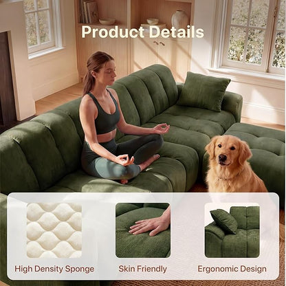 Claiks 118" Modern Boneless Couch, Corduroy Modular Cloud Sofa for Living Room, Deep Seat Sectional with Movable Ottoman, No Assembly Required, Green