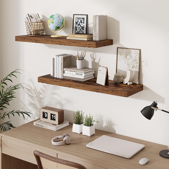 Fun Memories Floating Shelves for Wall 36 Inches, Wood Shelves with Invisible Bracket, 10" Deep Shelves Wall Mounted, Large Floating Shelves for Living Room Bathroom, Rustic Brown, Set of 2