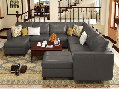 EASE MOOSE Faux Leather Sectional Sofa Modular Couch with Reversible Chaises, U Shaped Sectional Couch with Storage Convertible Sleeper Sofa