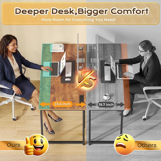 PRAISUN 40 X 24 Inch Deeper Desk with Power Outlets | Small Computer Desk for Bedroom, Office Desk for Work from Home, Writing Study Gaming Table, Stable Metal Frame, Rustic Brown