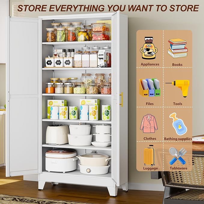 75" White Tall Metal Storage Cabinet with 2 Doors and 5 Adjustable Shelves,Steel Garage Tool Cabinet, File Cabinet,Kitchen Pantry Cabinet for Home,Office,Garage,School,Warehouse