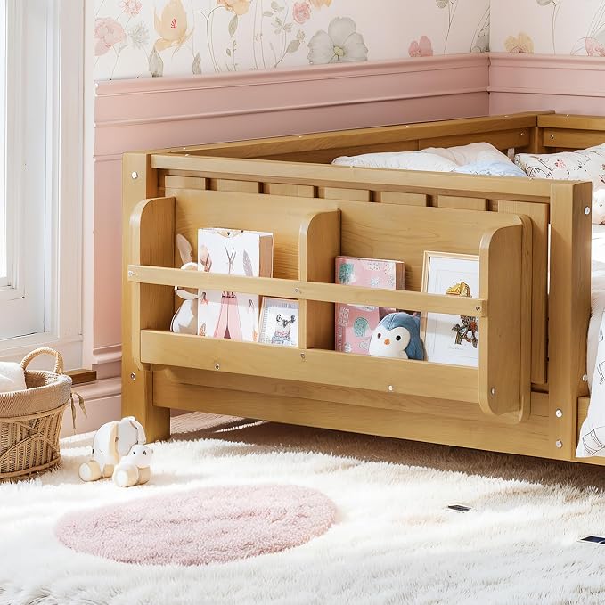 Bellemave Twin Floor Bed with Rails and Slats, Twin Size Montessori Floor Bed with Bookshelf and Fence, Easy Assemble Montessori Beds Frame for Girls, Boys, Deep Natural