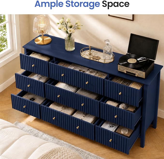 RoyalCraft Fluted Dresser for Bedroom with 9 Drawers, 59" Wide Painted Wooden Chest of Drawers, Modern TV Stand Storage Cabinet for Living Room, Hallway, Blue