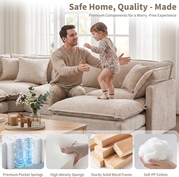 Oversized Modular Sectional Cloud Sofa: 114" V-Shaped Modular Cloud Couch, 7 Seater Comfy Couch with Ottomans and Pillows, Chenille Deep Seat Couch for Living Room,Bedroom,Apartment,Large Space,Camel