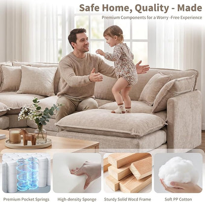 Oversized Modular Sectional Cloud Sofa: 114" V-Shaped Modular Cloud Couch, 7 Seater Comfy Couch with Ottomans and Pillows, Chenille Deep Seat Couch for Living Room,Bedroom,Apartment,Large Space,Camel