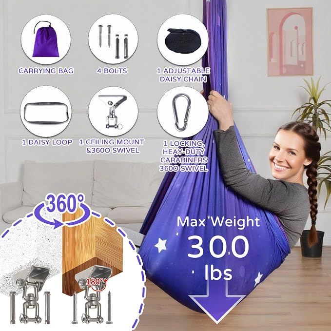 Sensory Swing for Kids and Adults Indoor & Outdoor Double Layer Therapy Cuddle Holds up to 300lbs Adjustable Hammock Chair with 360° Swivel Hanger Kit Effect for Aspergers Autism ADHD(Galaxy Purple)