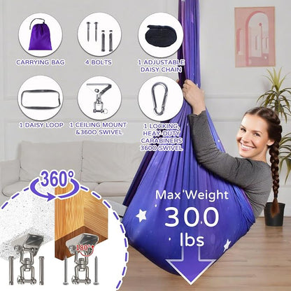 Sensory Swing for Kids and Adults Indoor & Outdoor Double Layer Therapy Cuddle Holds up to 300lbs Adjustable Hammock Chair with 360° Swivel Hanger Kit Effect for Aspergers Autism ADHD(Galaxy Purple)