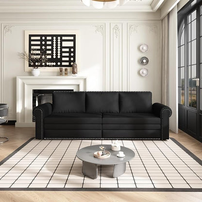 93.7" King Pull Out Sofa Bed, Velvet Sleeper Sofa Couch, 3 in 1 Convertible Futon Couches for Living Room, Small Space, Apartment, Office, Bedroom, Modern Rivet Armrest, Black