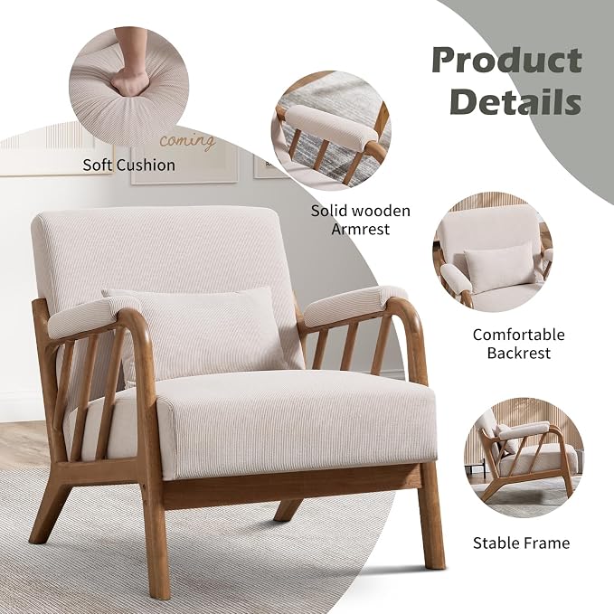 INZOY Mid Century Modern Accent Chair with Wood Frame, Upholstered Reading Armchair with Soft Corduroy Fabric, Accent Chair for Living Room Bedroom Apartment, Easy Assembly, Beige