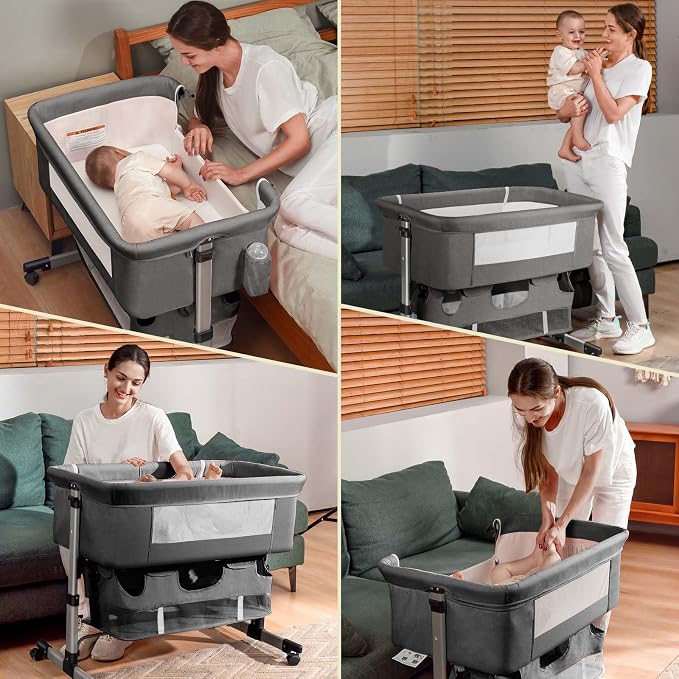 Soobaby Baby Crib Bassinet Bedside Crib Adjustable Portable Bed for Infant,co Sleeping Newborn Must Have Bed (006-Grey)
