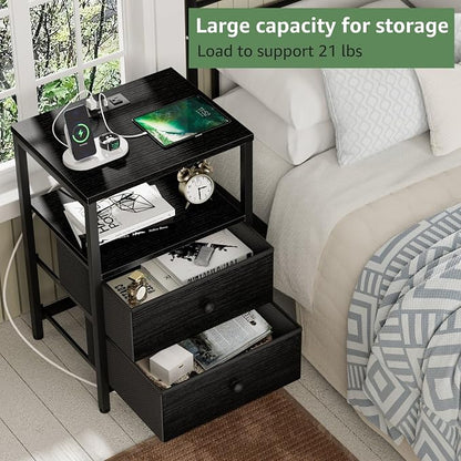 BOLUO Black Nightstand with Charging Station, LED Night Stand with 2 Fabric Drawers, Bedside Table with USB Ports and Outlets, Nightstand for Bedroom Modern