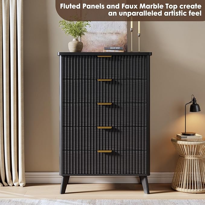 GarveeHome Fluted Dresser for Bedroom with 5 Deep Drawers, 47.2 in Tall Chest of Drawers, Curved Profile Design, Modern Wooden Dresser, for Living Room, Kids Room, Hallway, Black