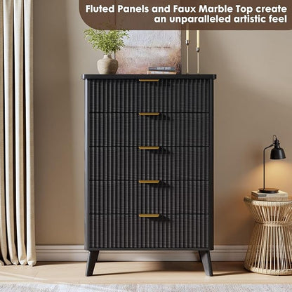 GarveeHome Fluted Dresser for Bedroom with 5 Deep Drawers, 47.2 in Tall Chest of Drawers, Curved Profile Design, Modern Wooden Dresser, for Living Room, Kids Room, Hallway, Black