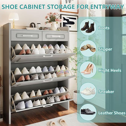 Shoe Cabinet with 3 Large Flip Drawers and 2 Storage Drawers, Narrow Shoe Organizer Cabinet Fits for Kinds of Shoes, Slim Shoe Storage Cabinet for Entryway, Hallway, Light Grey