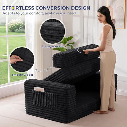 MAXYOYO Convertible Sofa Bed, 2 in 1 Folding Couch Bed for Small Space, Pull Out Loveseat Sofa Couch with Large Back Pillow, Plush Faux Fabric Lounge Couch for Living Room, Apartment, Black