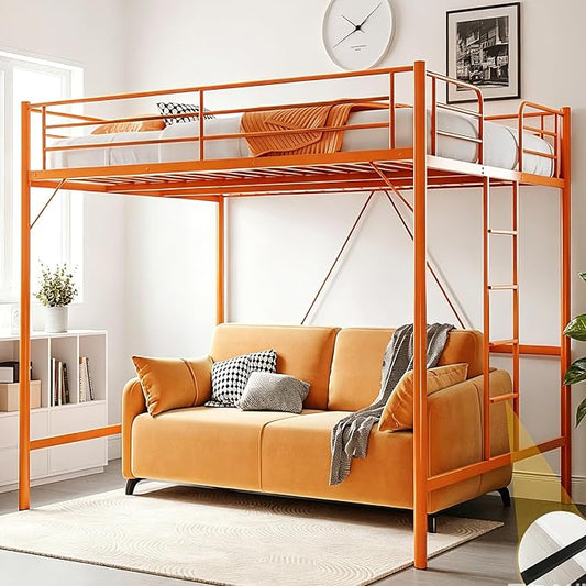 VINGLI Queen Loft Bed with Flat Rungs for Adults, Kids and Young Teens, No Box Spring Required,Heavy Duty Metal Slat Support, Orange