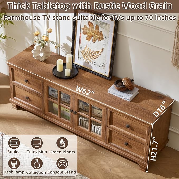 SAVOR LIFE Farmhouse TV Stands for Living Room, Rustic Entertainment Center with 4 Drawers & Thickened Top & Square Wooden Legs for 65 inch TV, Brown