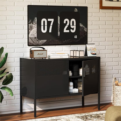 COFaR TV Stand for TVs up to 75 Inch, 40‘’L Media Console with Ventilation Doors, Metal Entertainment Center with Adjustable Shelves & 120Lbs Storage for Living Room & Bedroom, Black