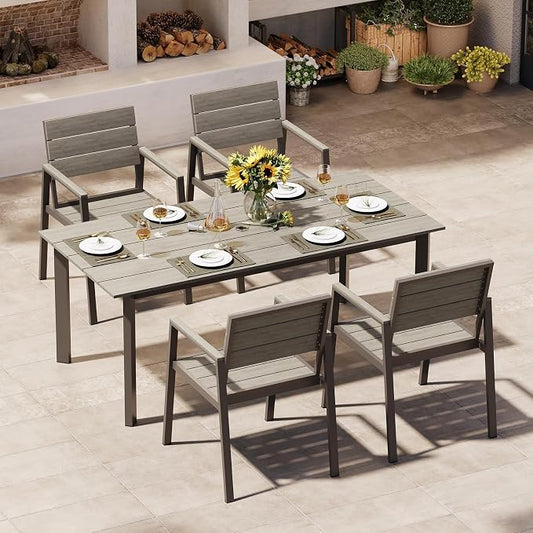 Outdoor Dining Set for 4, Patio Table and Chairs Set with Umbrella Hole, 5 Pieces HDPS + Aluminum Outdoor Furniture Sets for Patio, Garden (Gray)