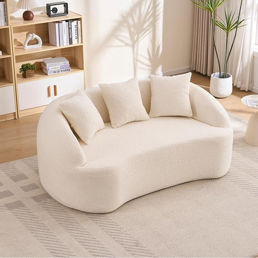 66" Curved Loveseat Sofa for Small Space, Boneless Chenille Boucle Cloud Couch, Luxury Extra High Back & Deep Seat, Oversized Comfort with No Assembly Required for Office, Dorm (Cream White)