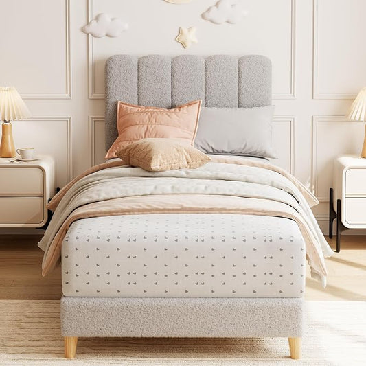 GarveeHome Twin XL Bed Frame, Upholstered Platform Bed with Wave Headboard for Girls/Kids, Easy Assembly, Wooden Slats Support, No Box Spring Needed, Boucle Grey