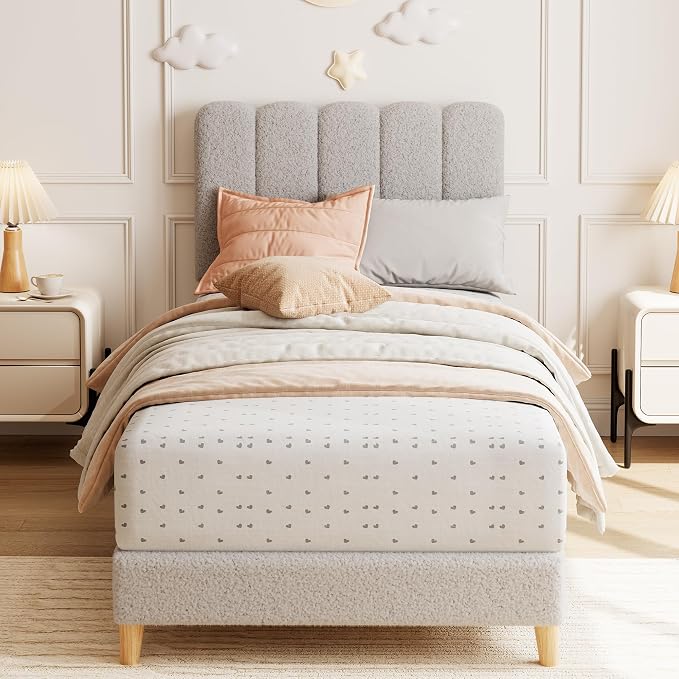 GarveeHome Twin Bed Frame, Upholstered Platform Bed with Wave Headboard for Girls/Kids, Easy Assembly, Wooden Slats Support, No Box Spring Needed, Boucle Grey