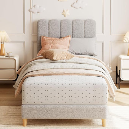 GarveeHome Twin Bed Frame, Upholstered Platform Bed with Wave Headboard for Girls/Kids, Easy Assembly, Wooden Slats Support, No Box Spring Needed, Boucle Grey