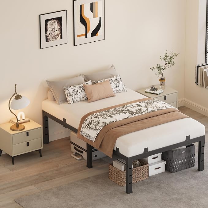 18 Inch Twin XL Bed Frames, Heavy Duty Metal Platform 3500 lbs Capacity, No Box Spring Needed, 6 Mattress Slide Stopper, Headboard Holes, Noise-Free, Easy Assembly, Black