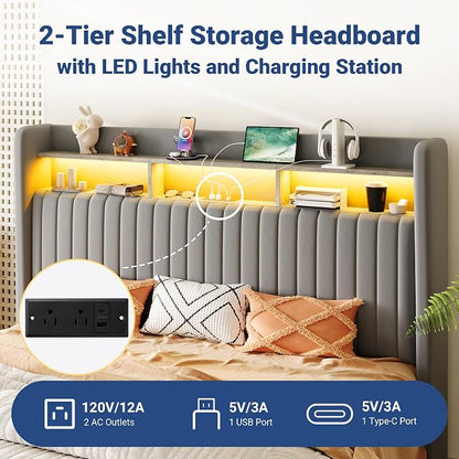 Allewie King Size Lift Up Hydraulic Storage Bed Frame, 2-Tier Shelf Headboard with LED Lights and Charging Station, USB and Type C Ports, Wingback Velvet Headboard, No Box Spring Needed, Gray