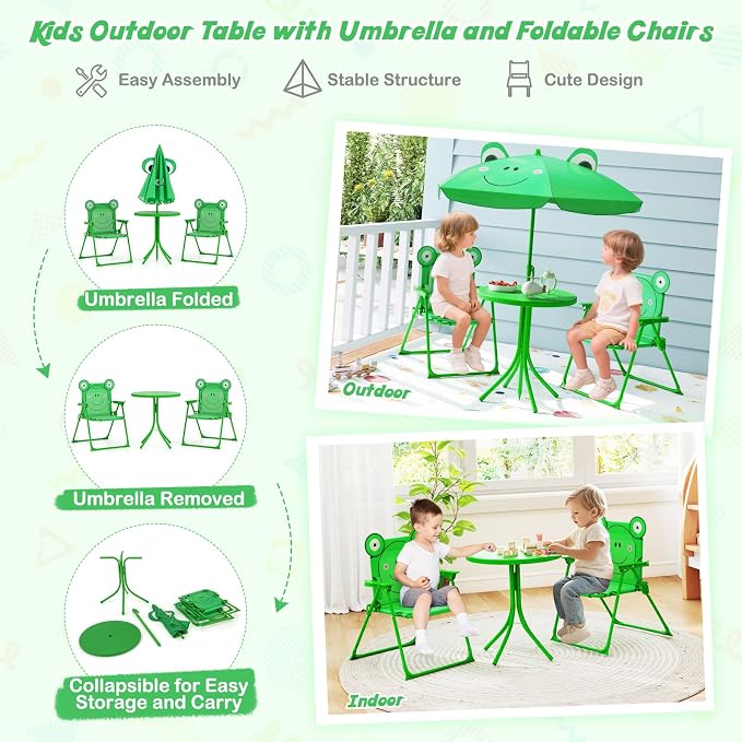 HONEY JOY Kids Picnic Table, Animal Themed Toddler Outdoor Table and Chair Set, 2 Folding Chairs & Removable Umbrella, Children Outdoor Furniture for Backyard Patio Garden (Green Frog)