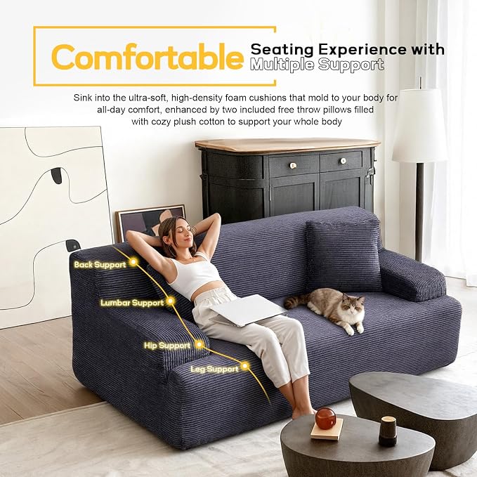 VINGLI 72" W Boneless Loveseat Sofa, Cloud Corduroy Couch in a Box, Compressed Deep Seat Sofa with 10.6" Wide Curved Armrests, Easy Assembly Required for Living Room, Apartments & Office, Dark Grey