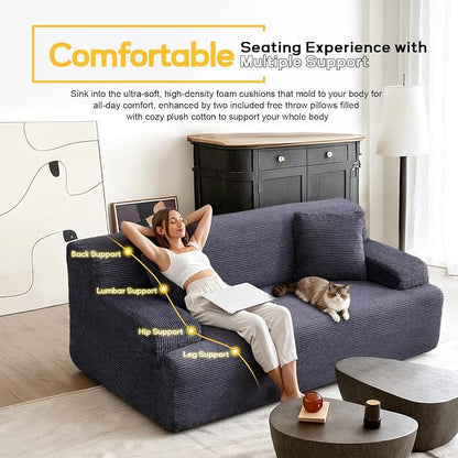 VINGLI 72" W Boneless Loveseat Sofa, Cloud Corduroy Couch in a Box, Compressed Deep Seat Sofa with 10.6" Wide Curved Armrests, Easy Assembly Required for Living Room, Apartments & Office, Dark Grey